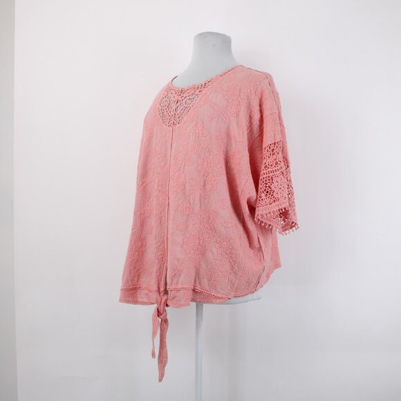 Lane Bryant Top $60 Sz 26/28 Pink Embroidered Tie Cotton Rayon Top - Picture 4 of 12